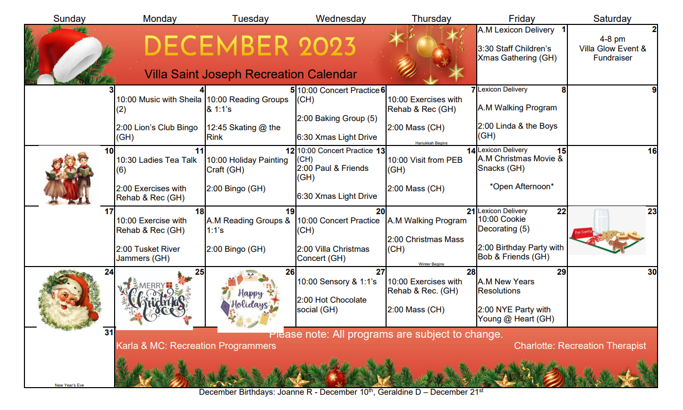 December Recreation Calendar