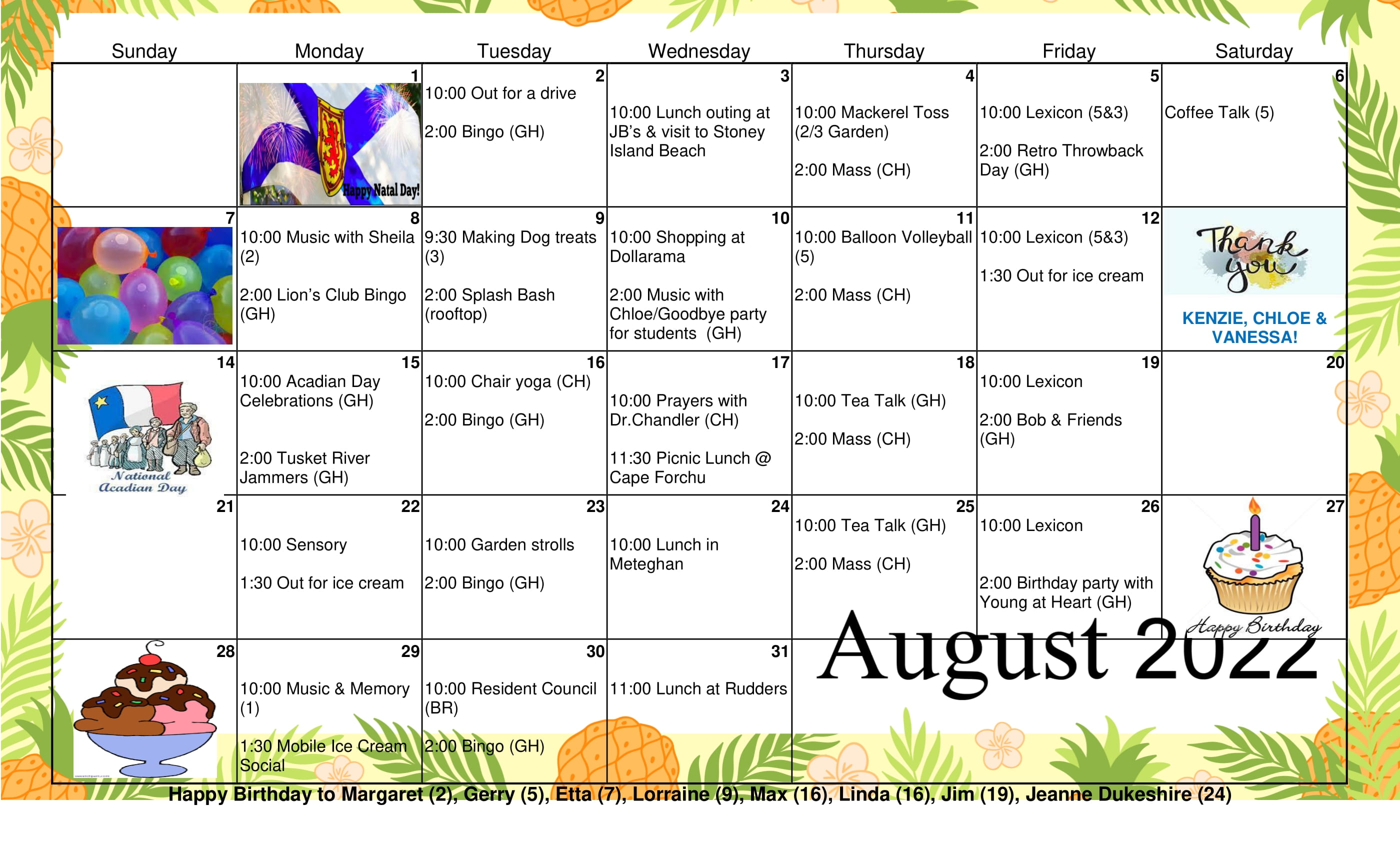 August Recreation Calendar